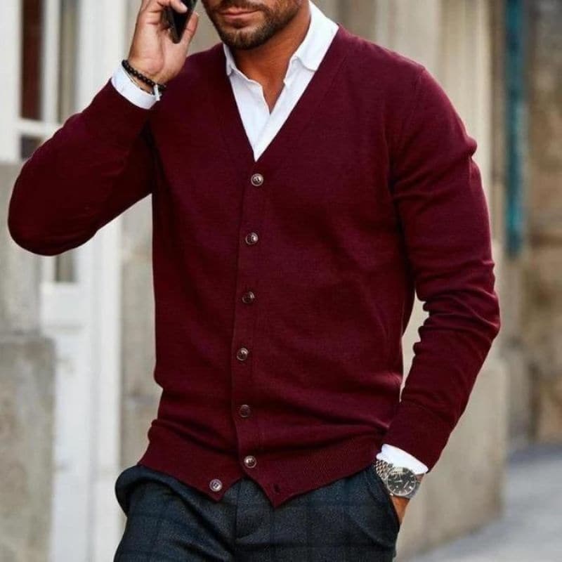 Men’s Cardigan – Soft Knit – V-Neck – Button Front – Regular Fit – Ribbed Trim
