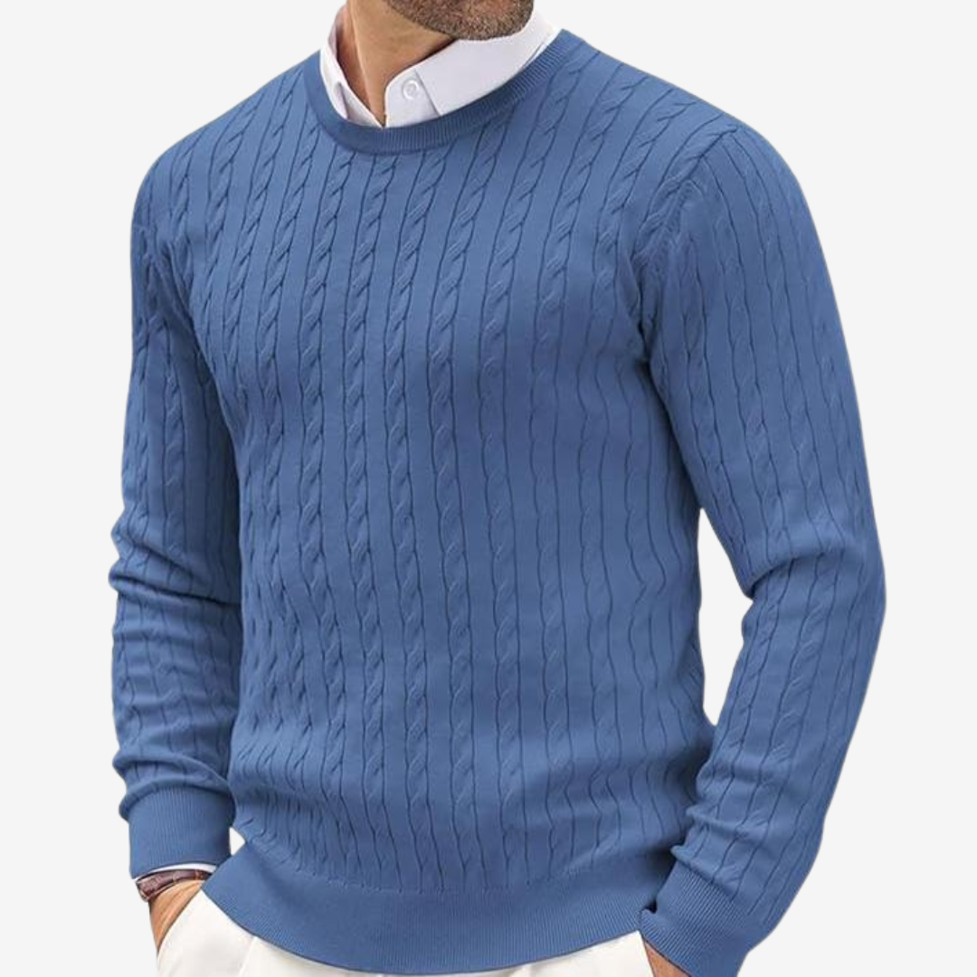 Men’s Sweater – Wool Blend – Tailored Fit – Crew Neck Cable Knit Long Sleeve