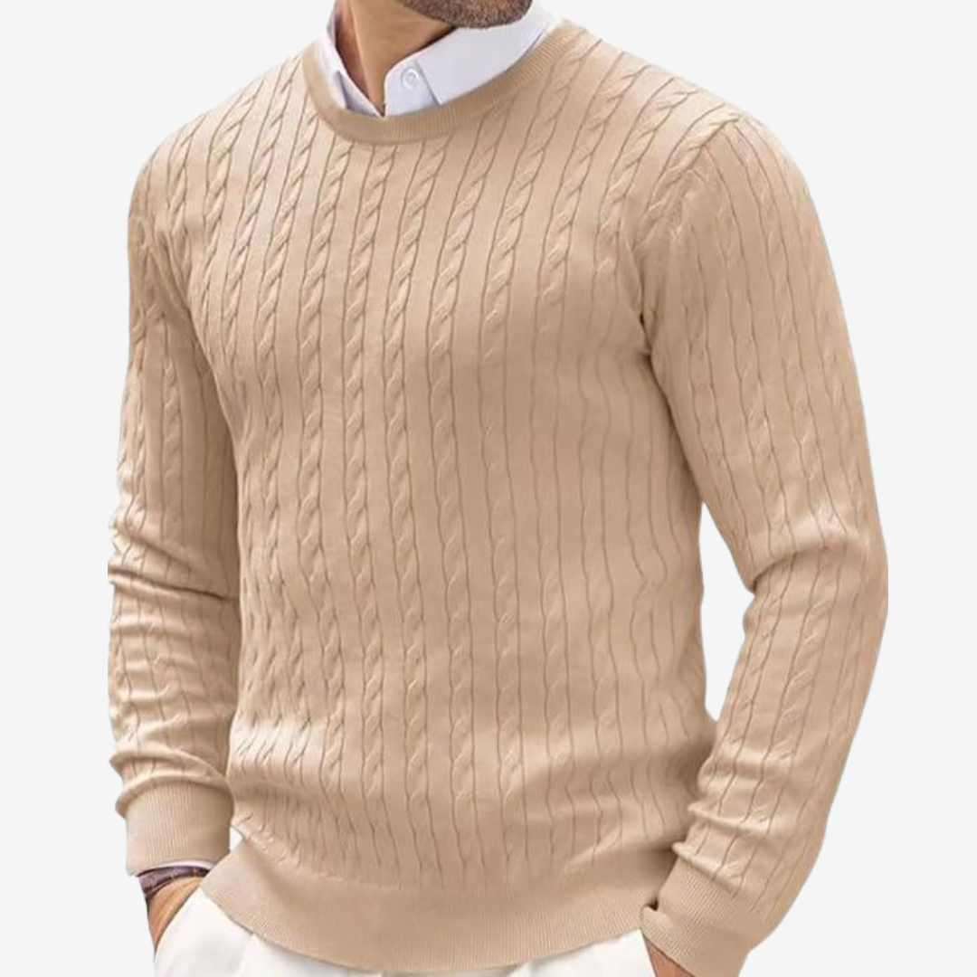 Men’s Sweater – Wool Blend – Tailored Fit – Crew Neck Cable Knit Long Sleeve