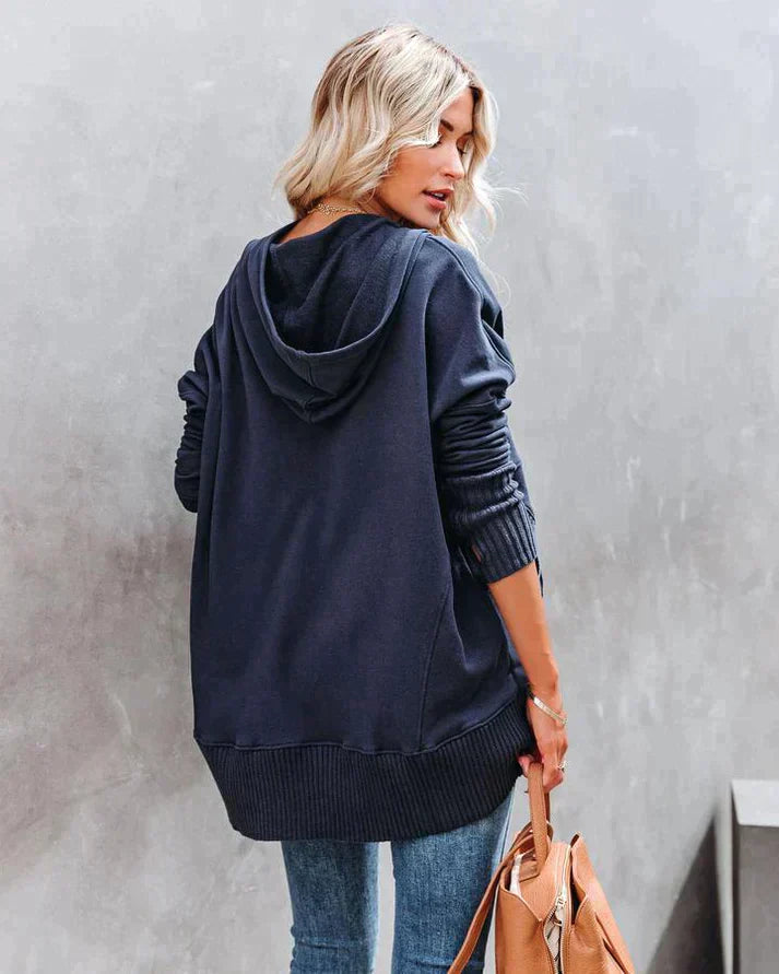 Women’s Sweatshirt – Oversized Fit – V-Neck Button Placket – Tunic Length – Ribbed Trim