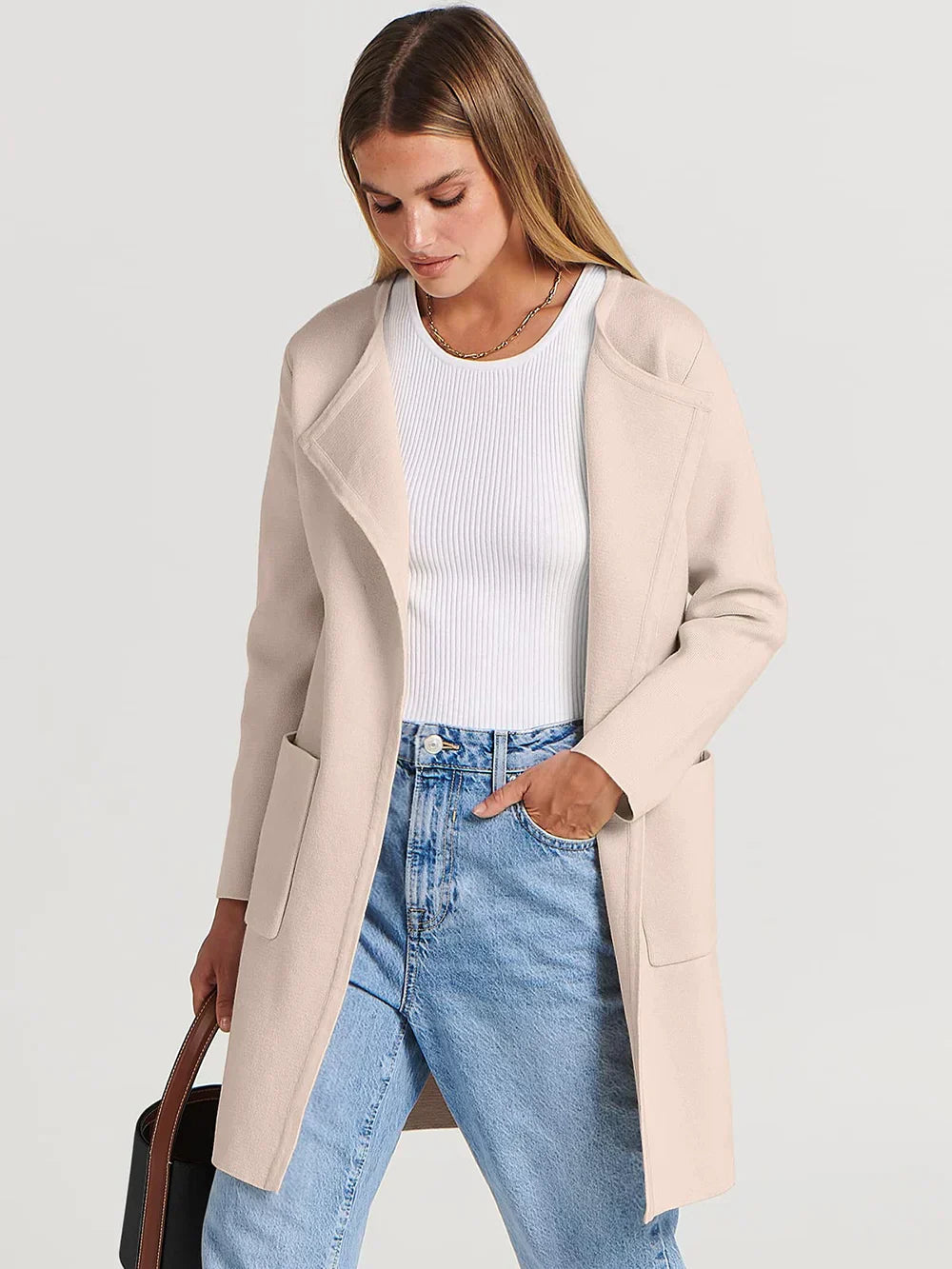 Women’s Knee-Length Coat – Wool Blend – Relaxed Fit – Open Front – Wide Lapel