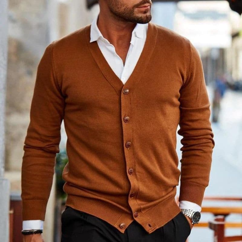 Men’s Cardigan – Soft Knit – V-Neck – Button Front – Regular Fit – Ribbed Trim