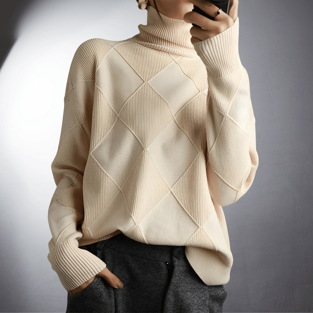 Women’s Sweatshirt – Relaxed Fit – High Turtleneck – Textured Knit – Ribbed Trim