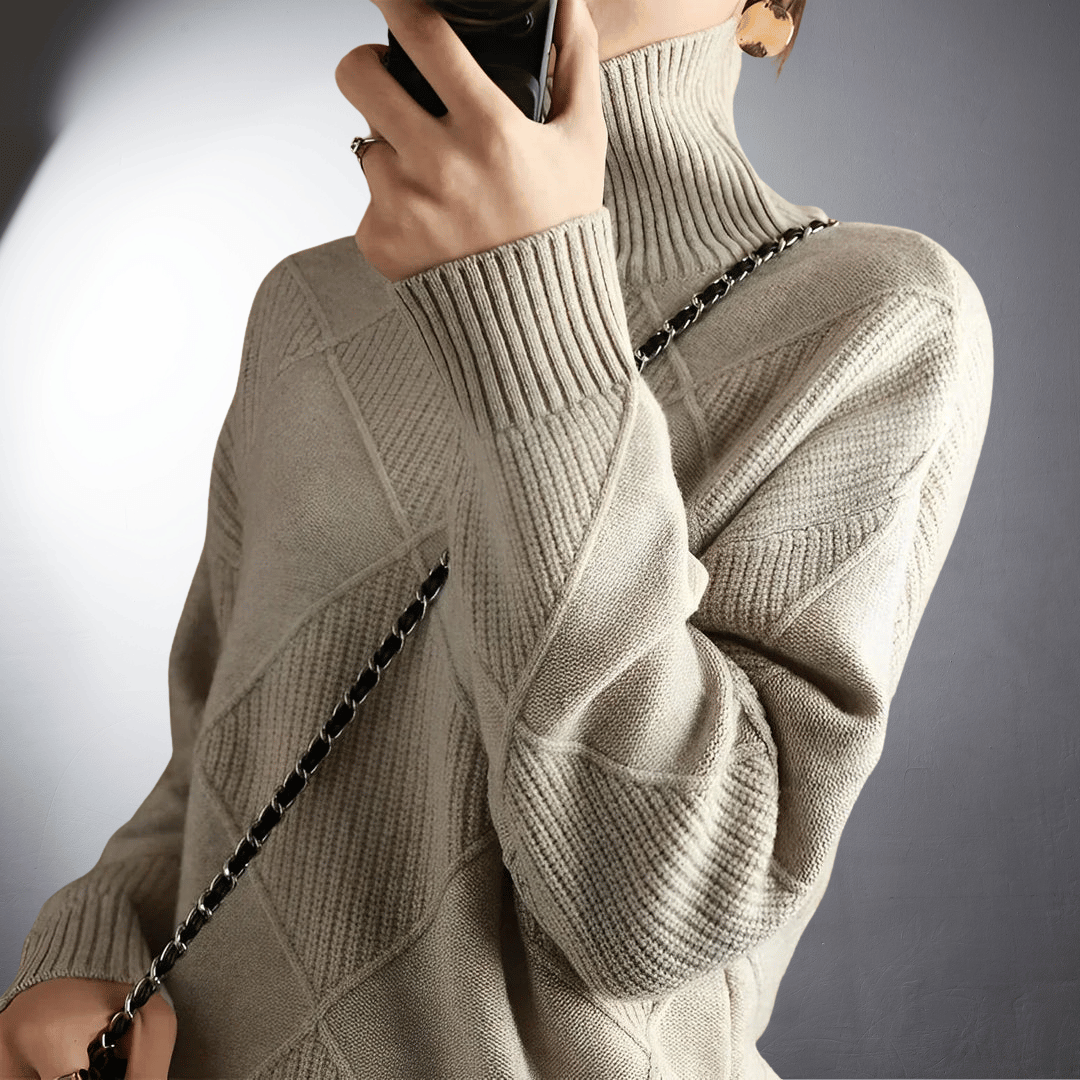 Women’s Sweatshirt – Relaxed Fit – High Turtleneck – Textured Knit – Ribbed Trim