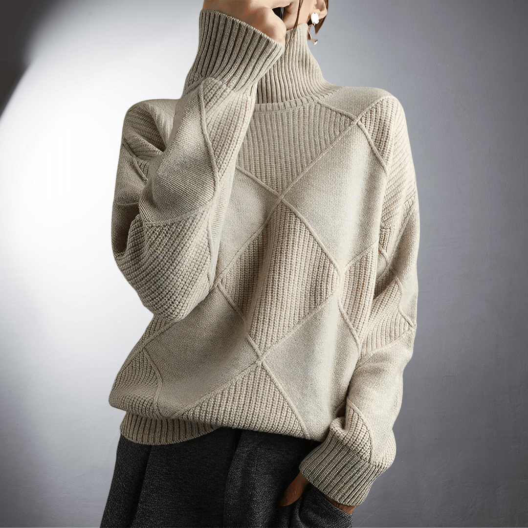Women’s Sweatshirt – Relaxed Fit – High Turtleneck – Textured Knit – Ribbed Trim