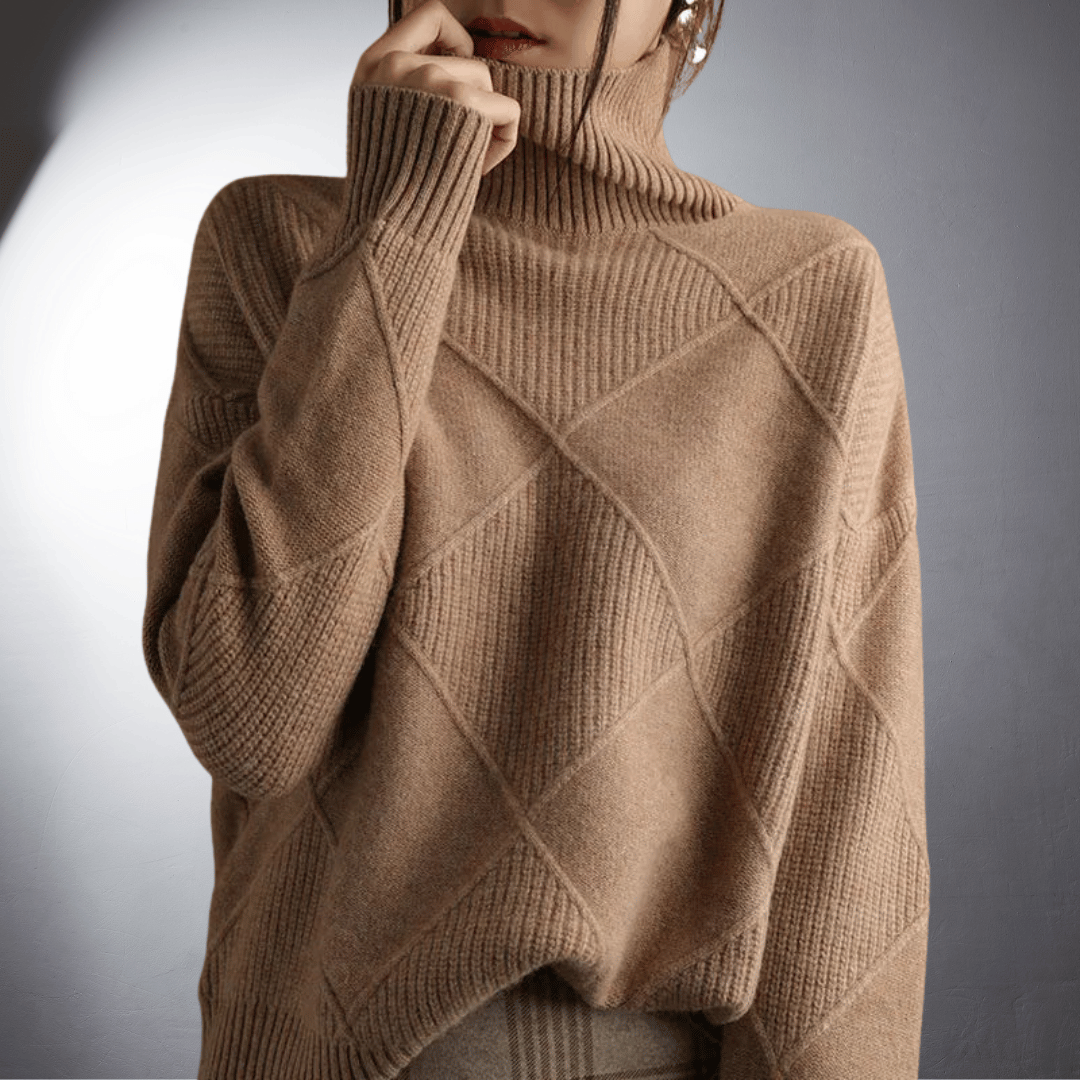 Women’s Sweatshirt – Relaxed Fit – High Turtleneck – Textured Knit – Ribbed Trim