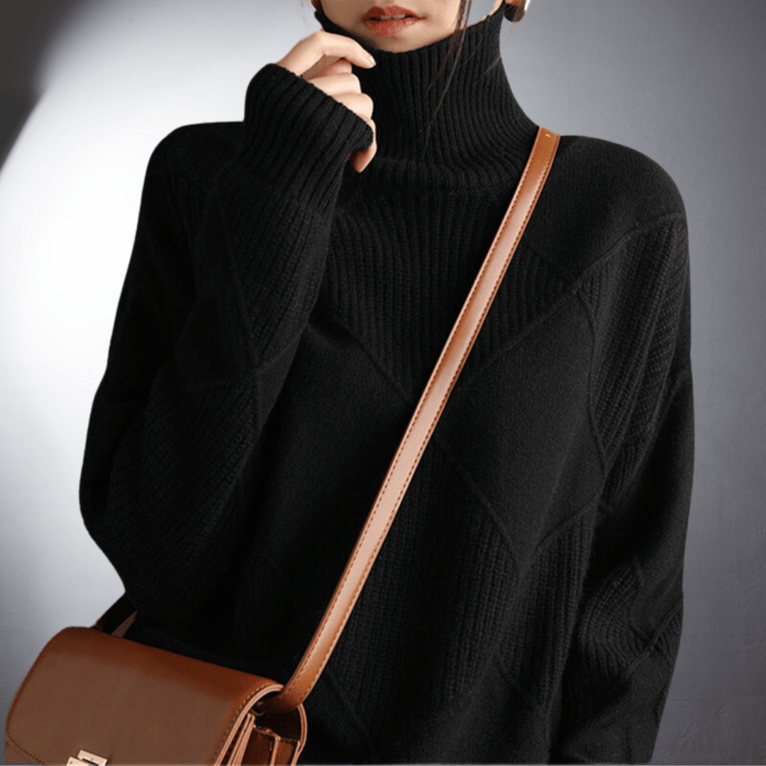 Women’s Sweatshirt – Relaxed Fit – High Turtleneck – Textured Knit – Ribbed Trim