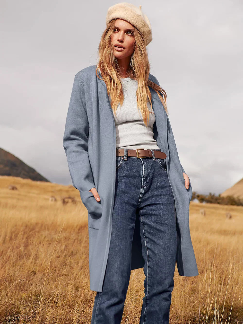 Women’s Knee-Length Coat – Wool Blend – Relaxed Fit – Open Front – Wide Lapel