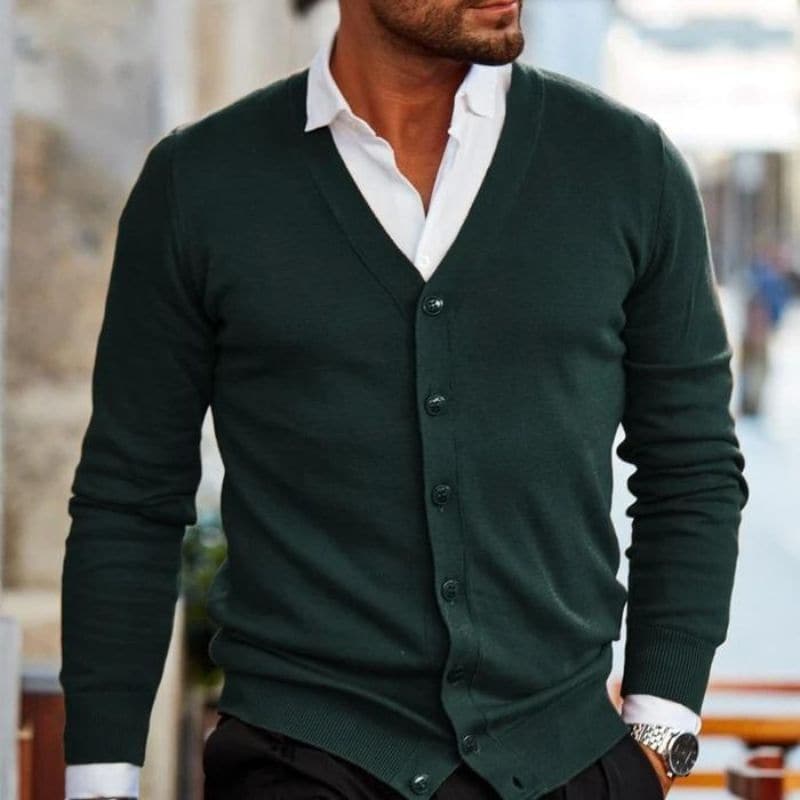 Men’s Cardigan – Soft Knit – V-Neck – Button Front – Regular Fit – Ribbed Trim