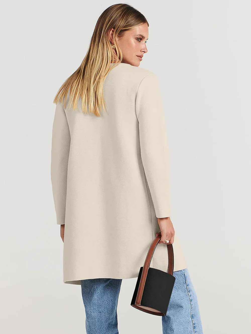 Women’s Knee-Length Coat – Wool Blend – Relaxed Fit – Open Front – Wide Lapel