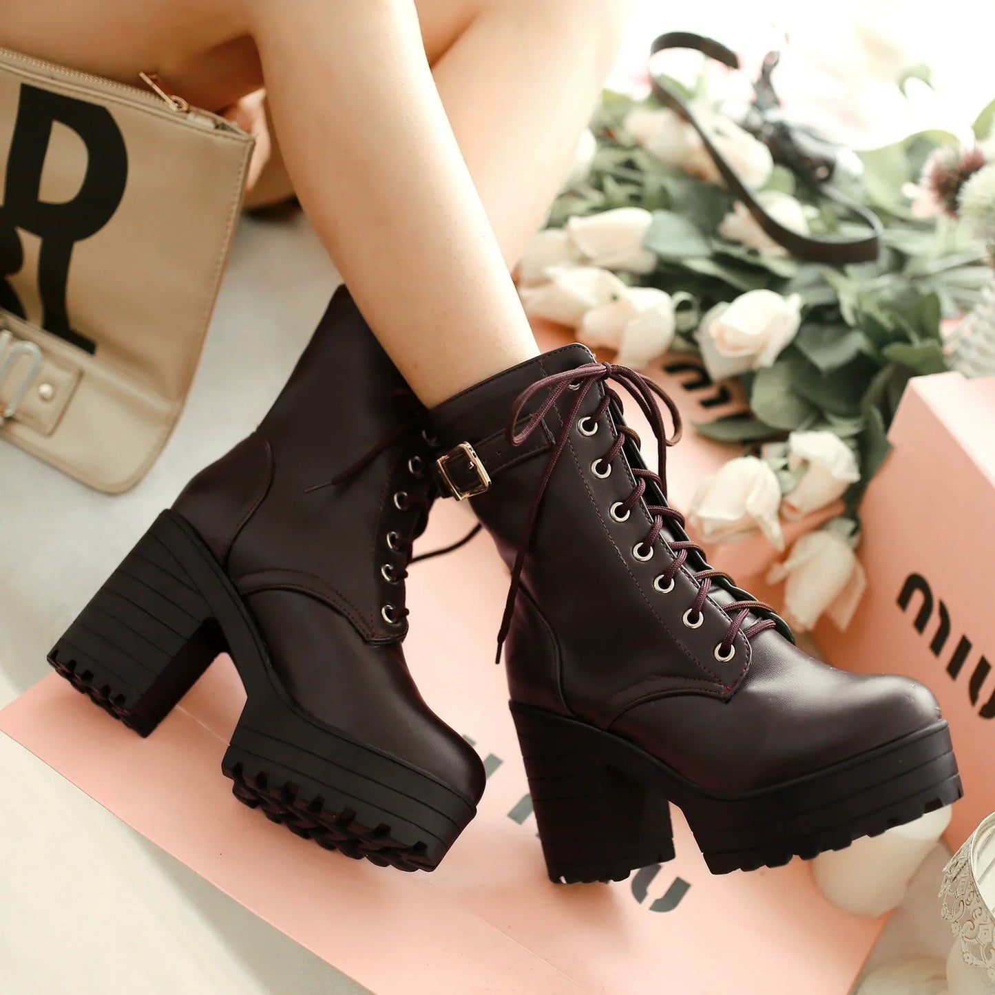 Women’s Ankle Boots – Chunky Platform – Lace-Up Front – Buckle Strap – Block Heel