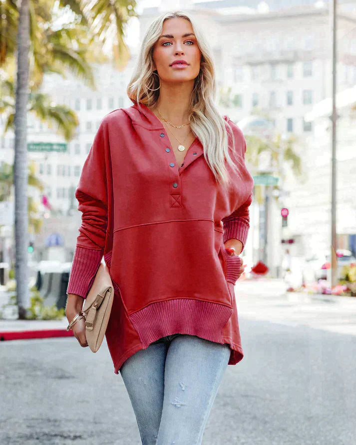 Women’s Sweatshirt – Oversized Fit – V-Neck Button Placket – Tunic Length – Ribbed Trim