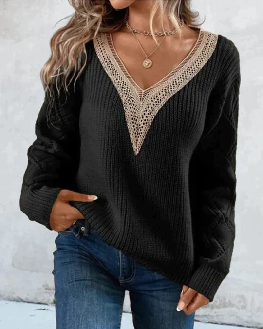 Women’s V-Neck Sweater – Relaxed Fit – Soft Knit – Lace Trim – Open-Knit Sleeves