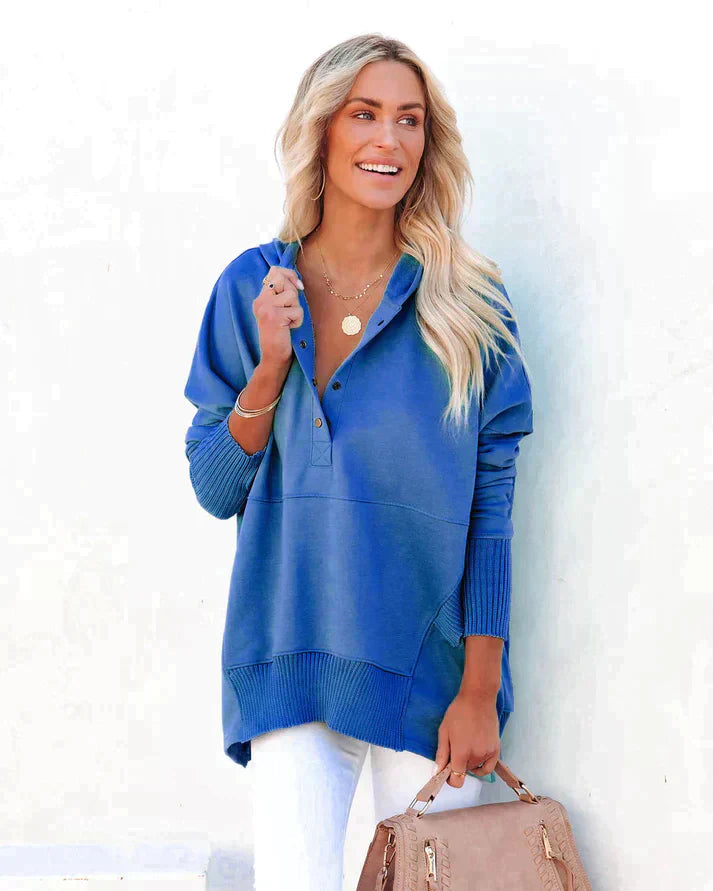 Women’s Sweatshirt – Oversized Fit – V-Neck Button Placket – Tunic Length – Ribbed Trim