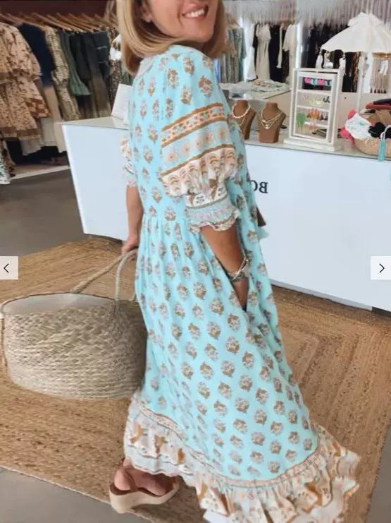 Pleated Bohemian V-Neck Dress