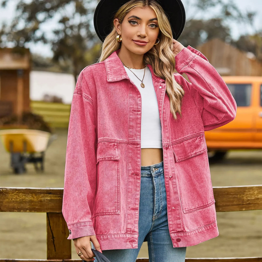 Women’s Denim Jacket – Oversized Fit – Distressed – Button Front – Front Pockets