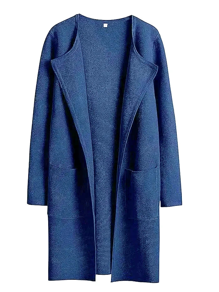 Women’s Knee-Length Coat – Wool Blend – Relaxed Fit – Open Front – Wide Lapel