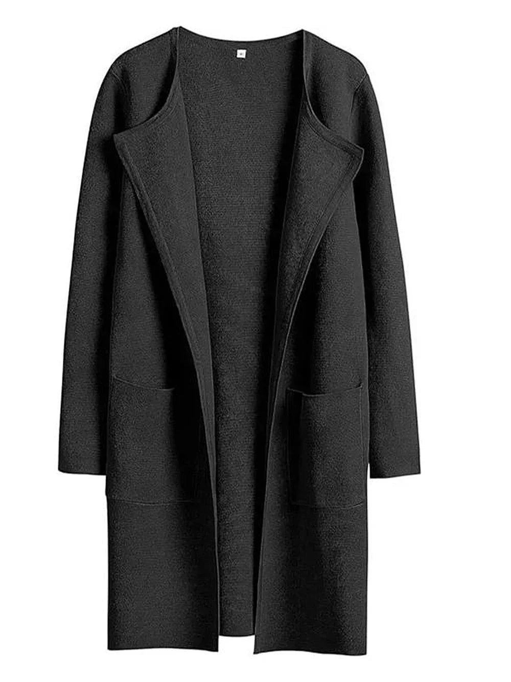 Women’s Knee-Length Coat – Wool Blend – Relaxed Fit – Open Front – Wide Lapel