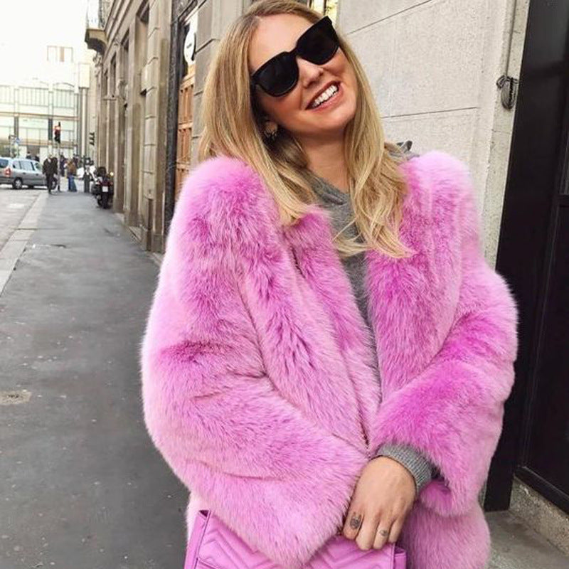 Women’s Faux Fur Coat – Oversized Fit – Collarless Open Front – Mid-Length Plush Layer