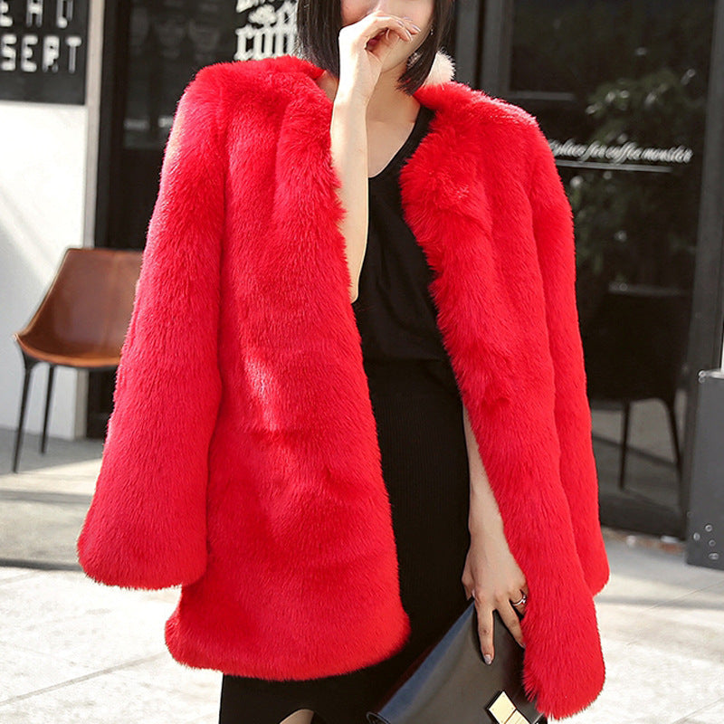 Women’s Faux Fur Coat – Oversized Fit – Collarless Open Front – Mid-Length Plush Layer