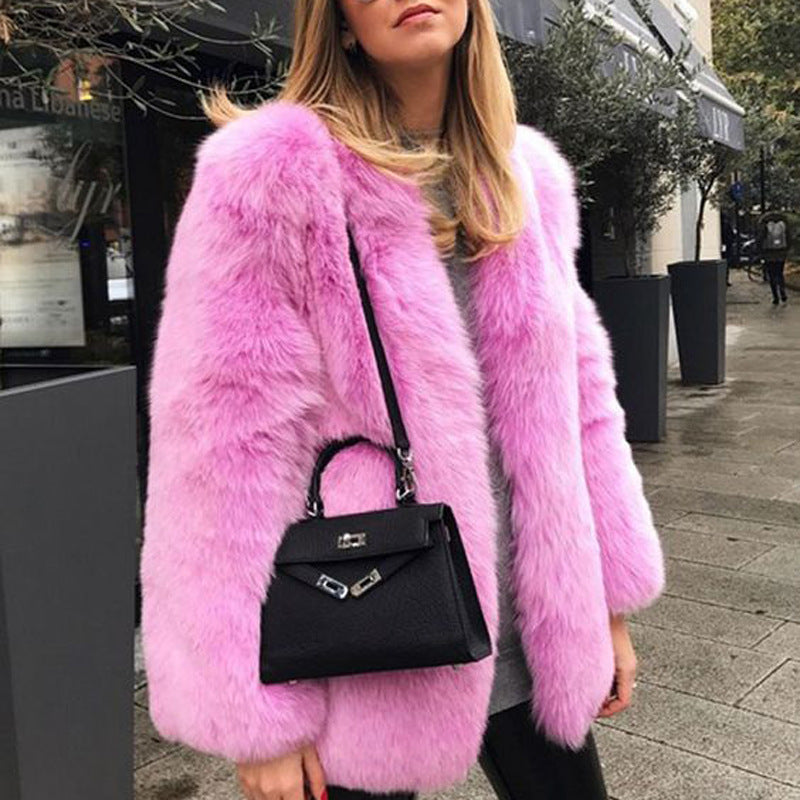 Women’s Faux Fur Coat – Oversized Fit – Collarless Open Front – Mid-Length Plush Layer