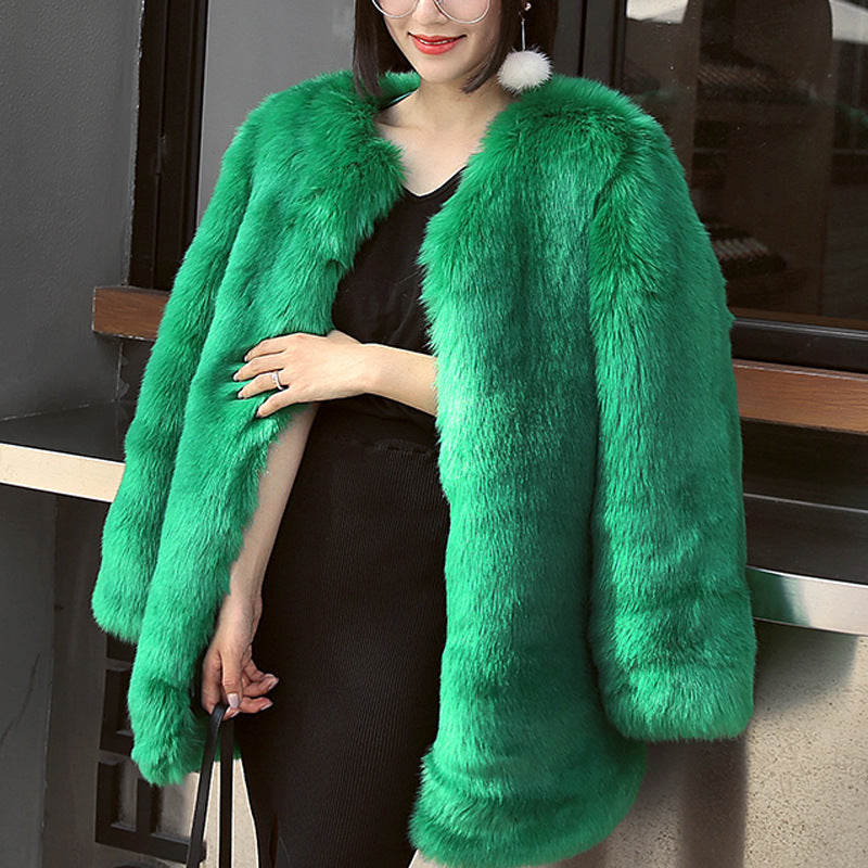 Women’s Faux Fur Coat – Oversized Fit – Collarless Open Front – Mid-Length Plush Layer