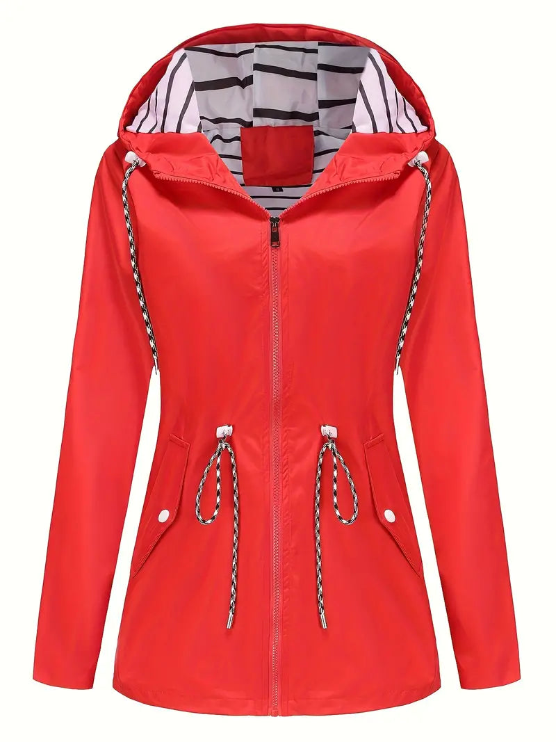 Women’s Rain Jacket – Waterproof – Tailored Fit – Hooded – Adjustable Waist – Zipper Front
