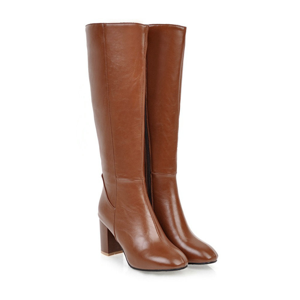 Women’s Knee-High Boots – Structured Fit – Block Heel – Smooth Finish – Zipper Closure