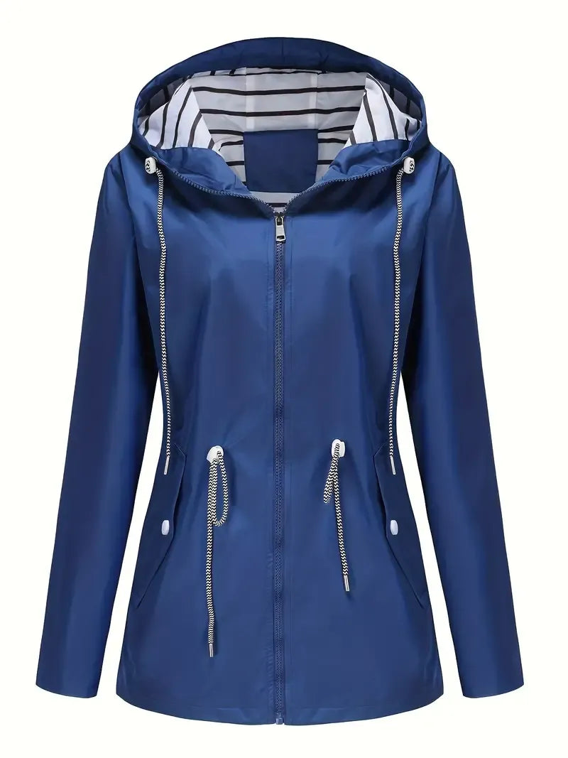 Women’s Rain Jacket – Waterproof – Tailored Fit – Hooded – Adjustable Waist – Zipper Front