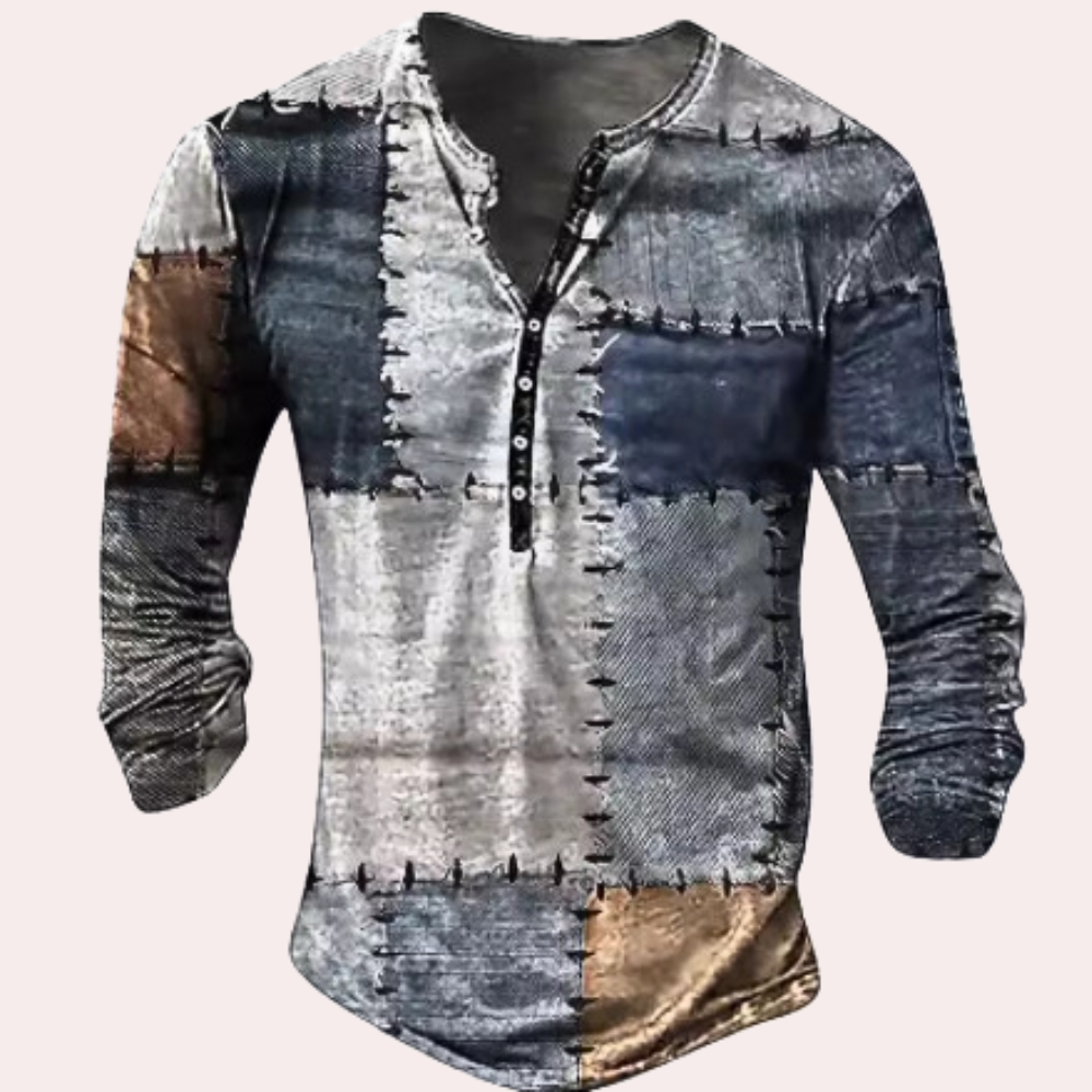 Men’s Sweater – Regular Fit – Cotton Blend – Patchwork Design – Button Neck – Elbow Patches