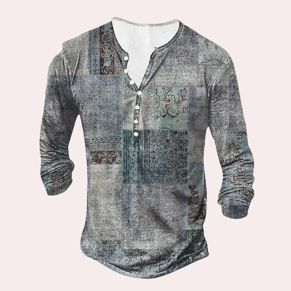 Men’s Sweater – Regular Fit – Cotton Blend – Patchwork Design – Button Neck – Elbow Patches