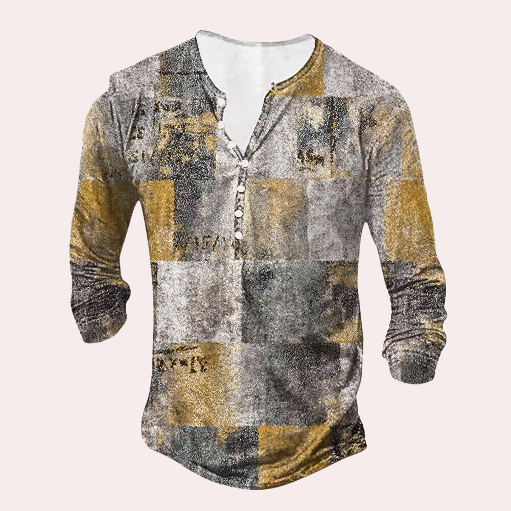 Men’s Sweater – Regular Fit – Cotton Blend – Patchwork Design – Button Neck – Elbow Patches