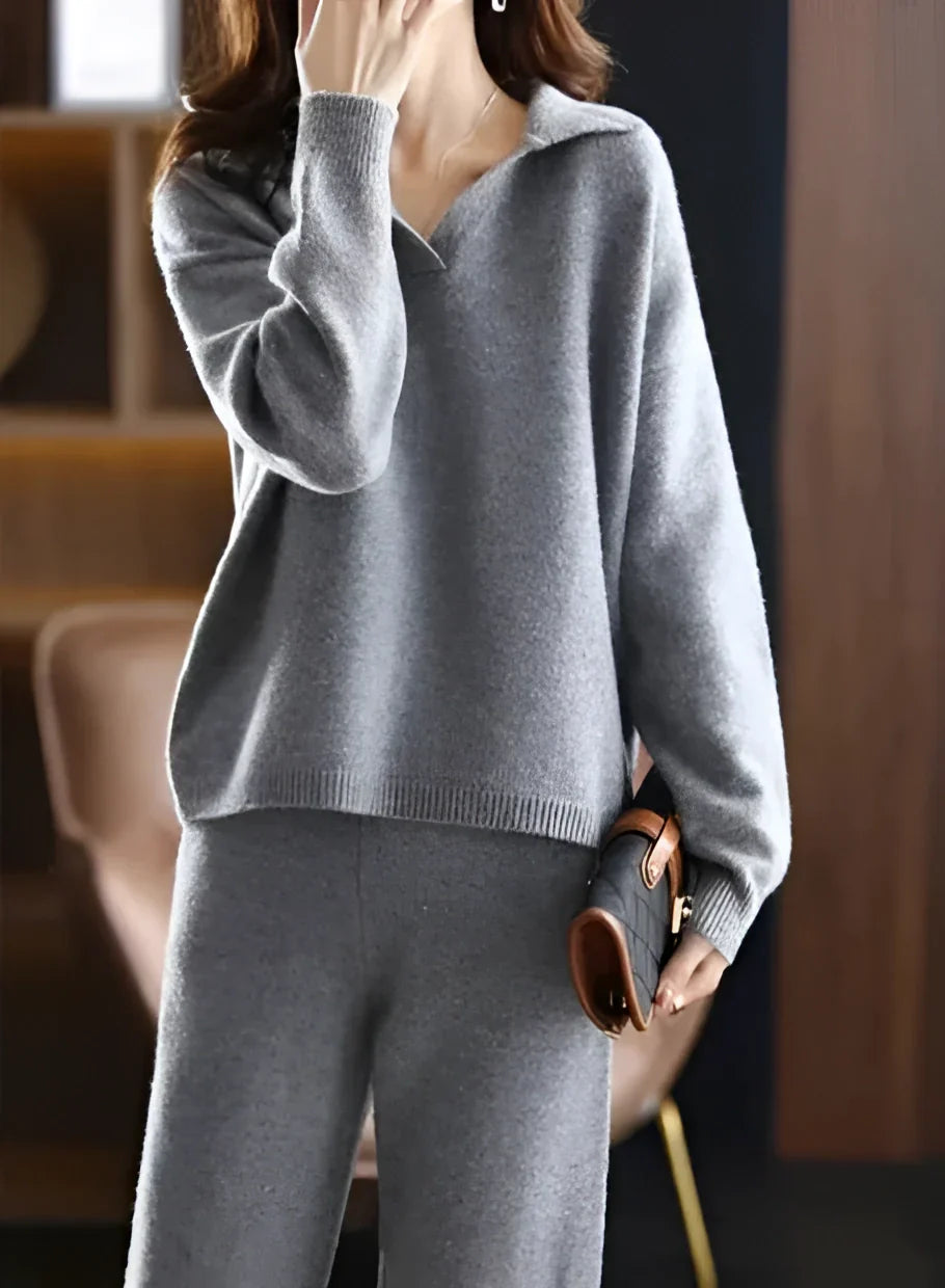 Women’s Loungewear Set – Knit V-Neck Sweater – Relaxed Fit – Straight Leg Pants