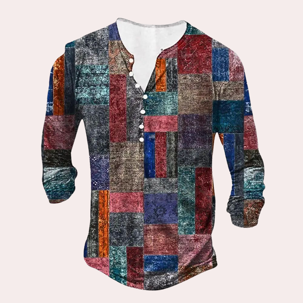 Men’s Sweater – Regular Fit – Cotton Blend – Patchwork Design – Button Neck – Elbow Patches