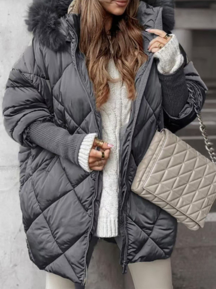 Women’s Puffer Coat – Oversized Fit – Diamond Quilted – Faux Fur Hood – Mid Length