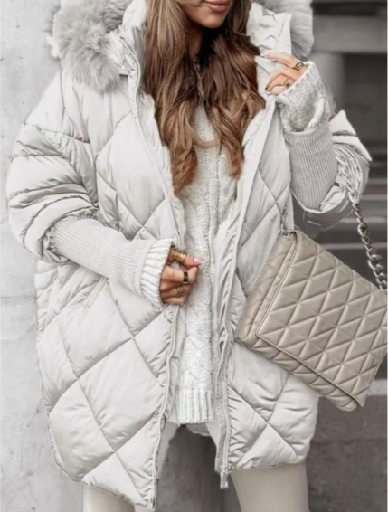 Women’s Puffer Coat – Oversized Fit – Diamond Quilted – Faux Fur Hood – Mid Length