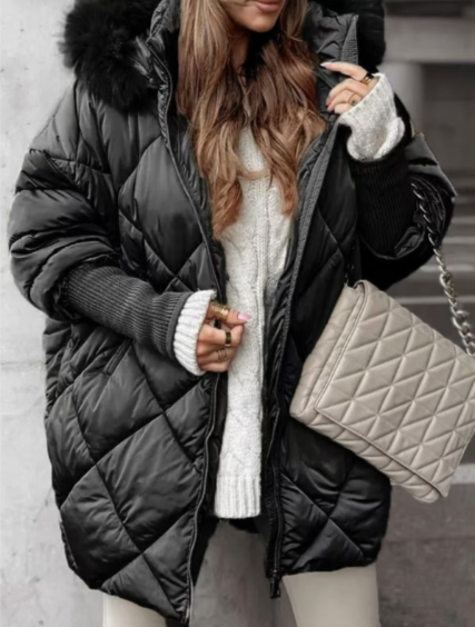 Women’s Puffer Coat – Oversized Fit – Diamond Quilted – Faux Fur Hood – Mid Length