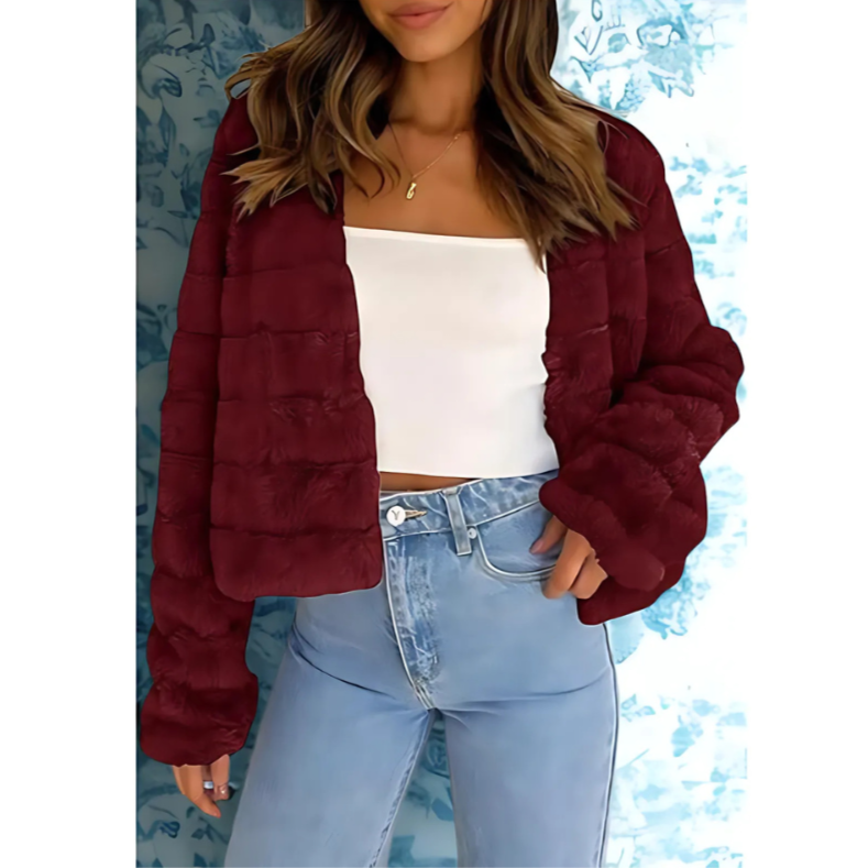 Women’s Cropped Jacket – Faux Fur – Relaxed Fit – Open Front – Long Sleeve – Textured