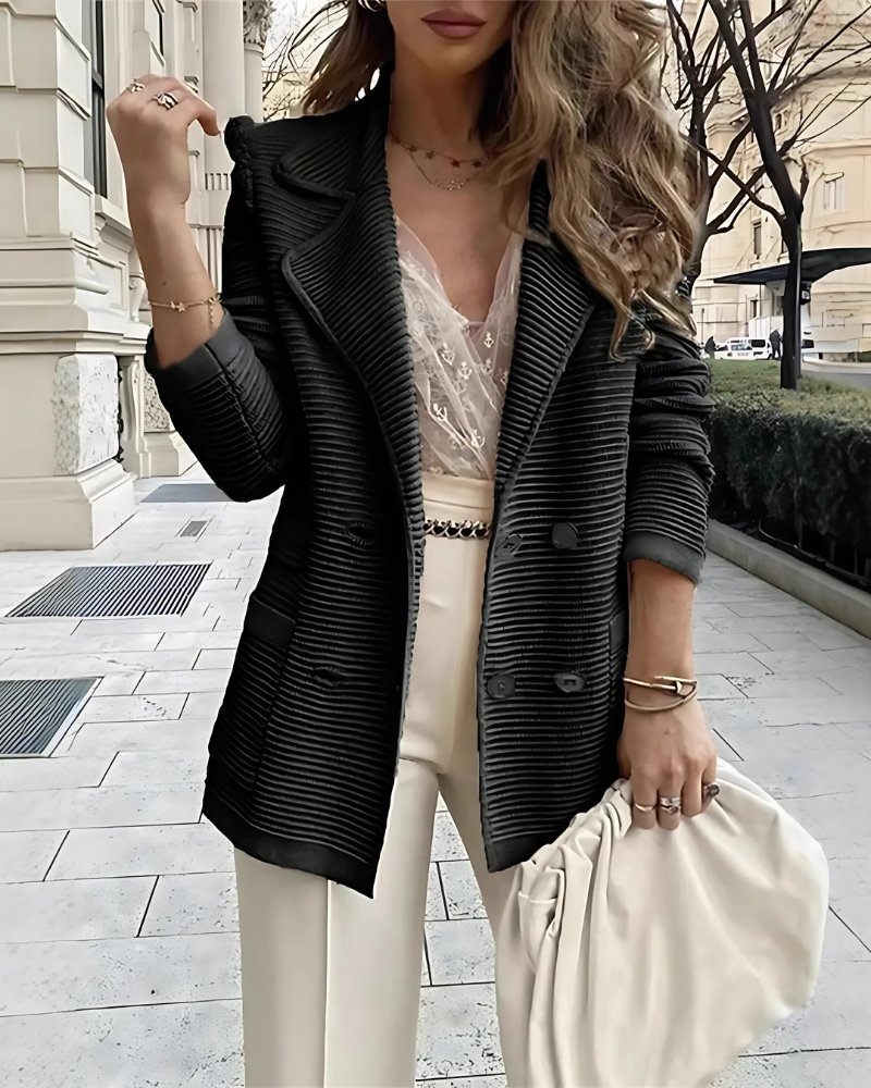 Women’s Blazer – Relaxed Fit – Ribbed Knit – Double-Breasted – Long Sleeve – Hip Length