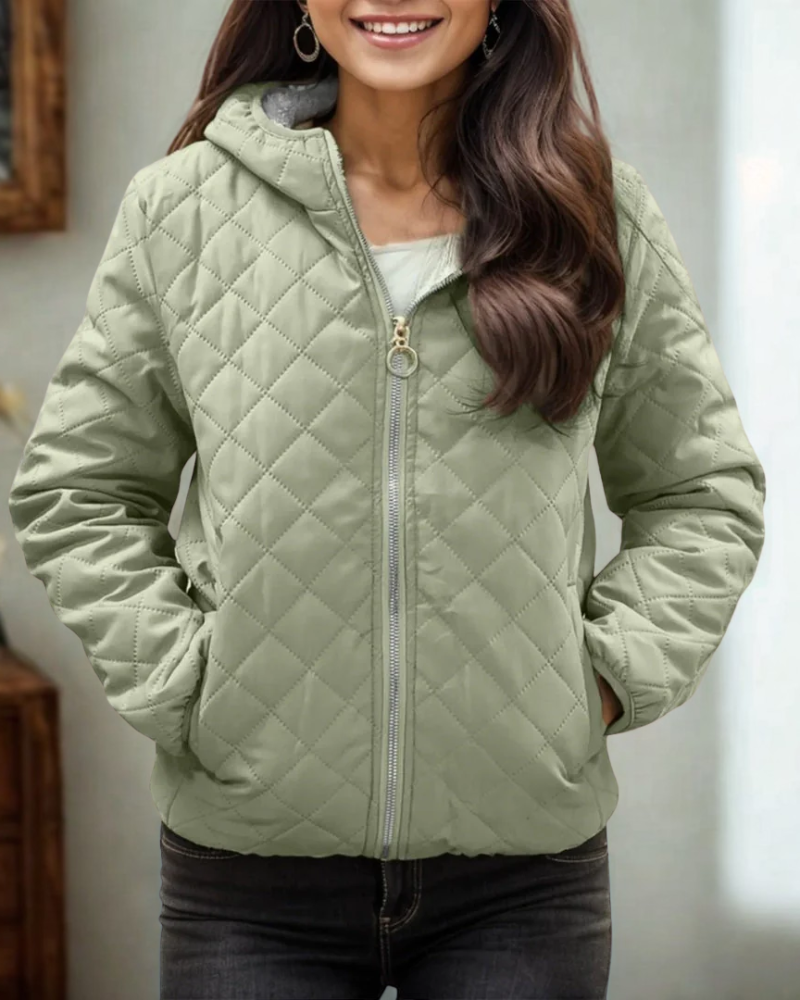 Women’s Quilted Jacket – Relaxed Fit – Diamond Stitch – Hooded – Zipper Closure