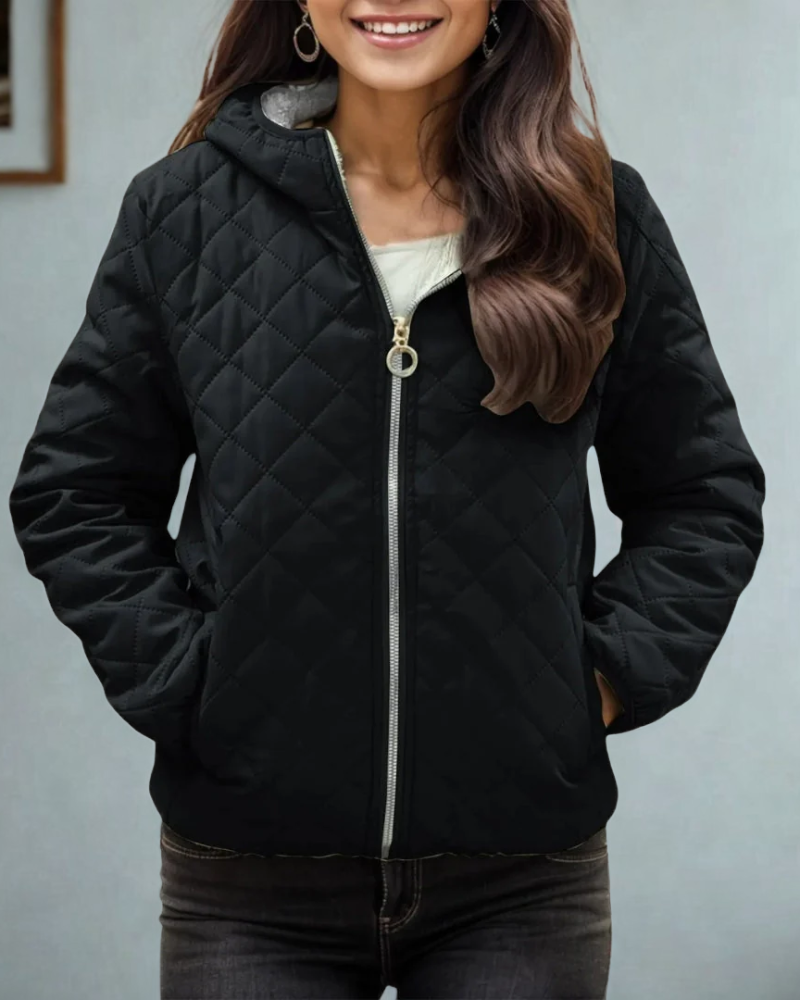 Women’s Quilted Jacket – Relaxed Fit – Diamond Stitch – Hooded – Zipper Closure