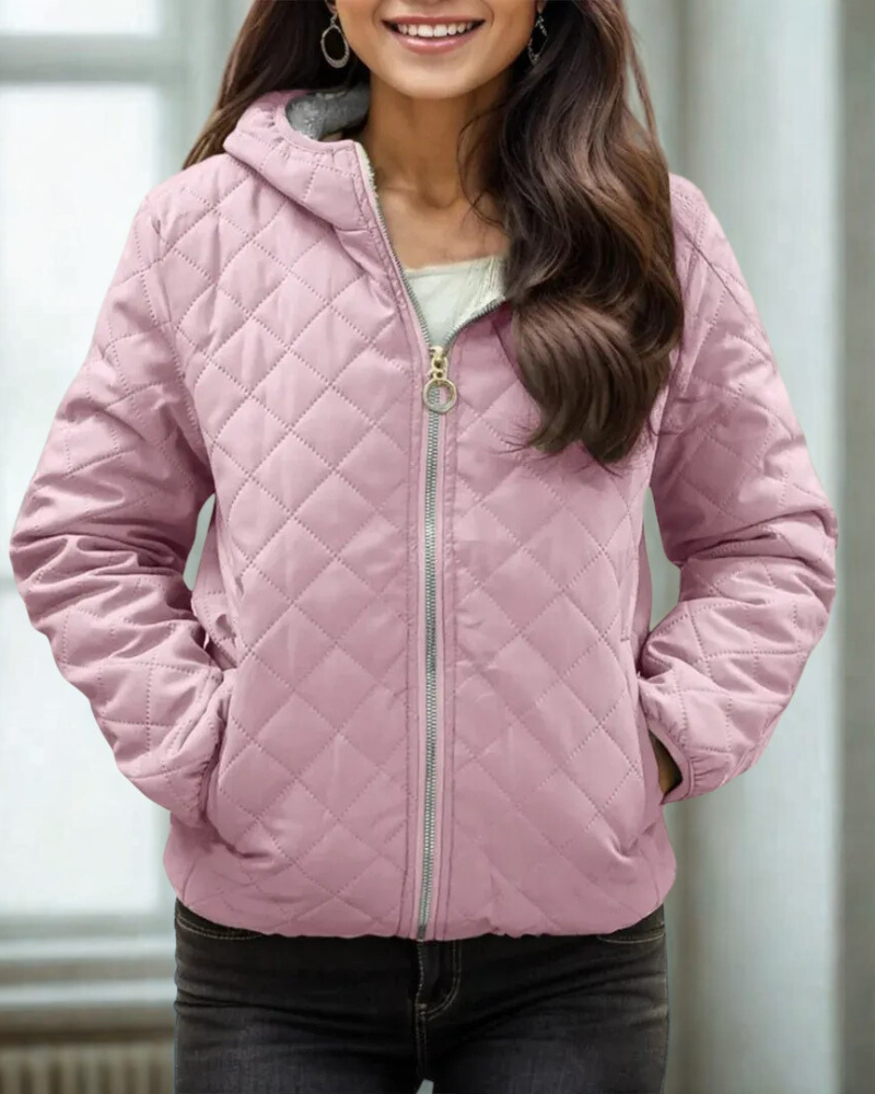 Women’s Quilted Jacket – Relaxed Fit – Diamond Stitch – Hooded – Zipper Closure