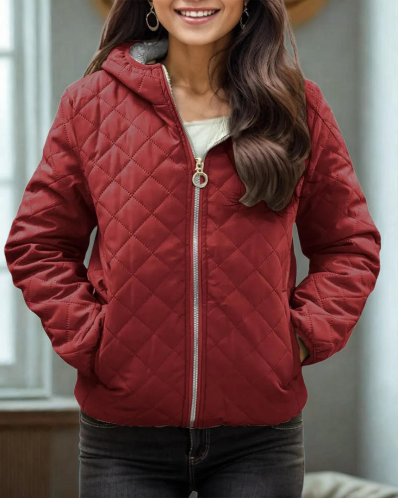 Women’s Quilted Jacket – Relaxed Fit – Diamond Stitch – Hooded – Zipper Closure