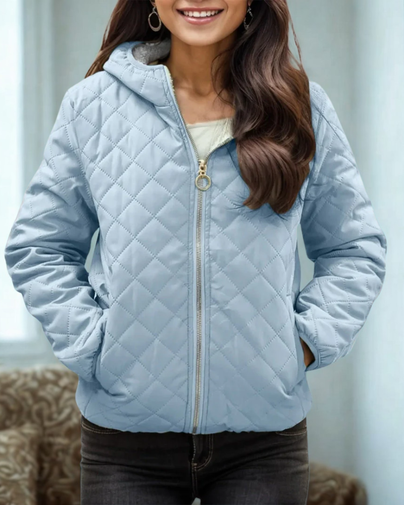 Women’s Quilted Jacket – Relaxed Fit – Diamond Stitch – Hooded – Zipper Closure