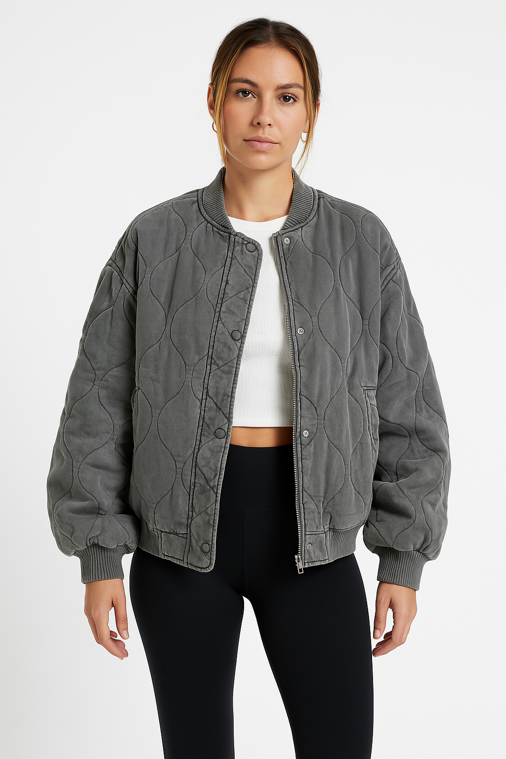 Women’s Bomber Jacket – Quilted Cotton – Oversized Fit – Ribbed Trim Zipper Front