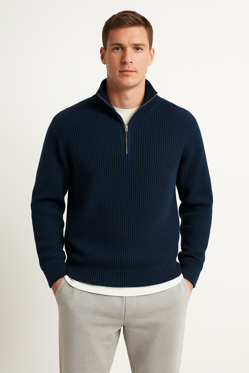 Men’s Half Zip Sweater – Wool Blend – Relaxed Fit – Ribbed Knit – Mock Neck