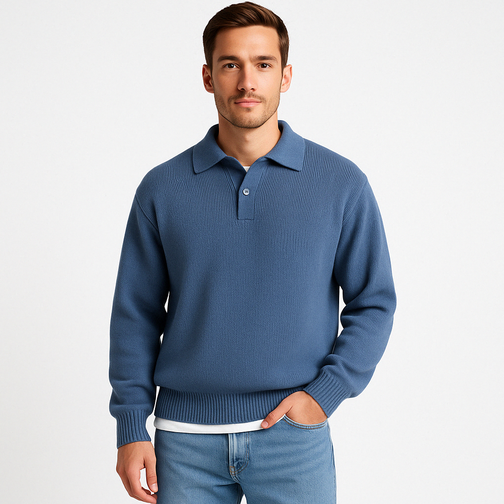 Men’s Polo Sweater – Relaxed Fit – Wool Blend – Buttoned Collar – Ribbed Trim