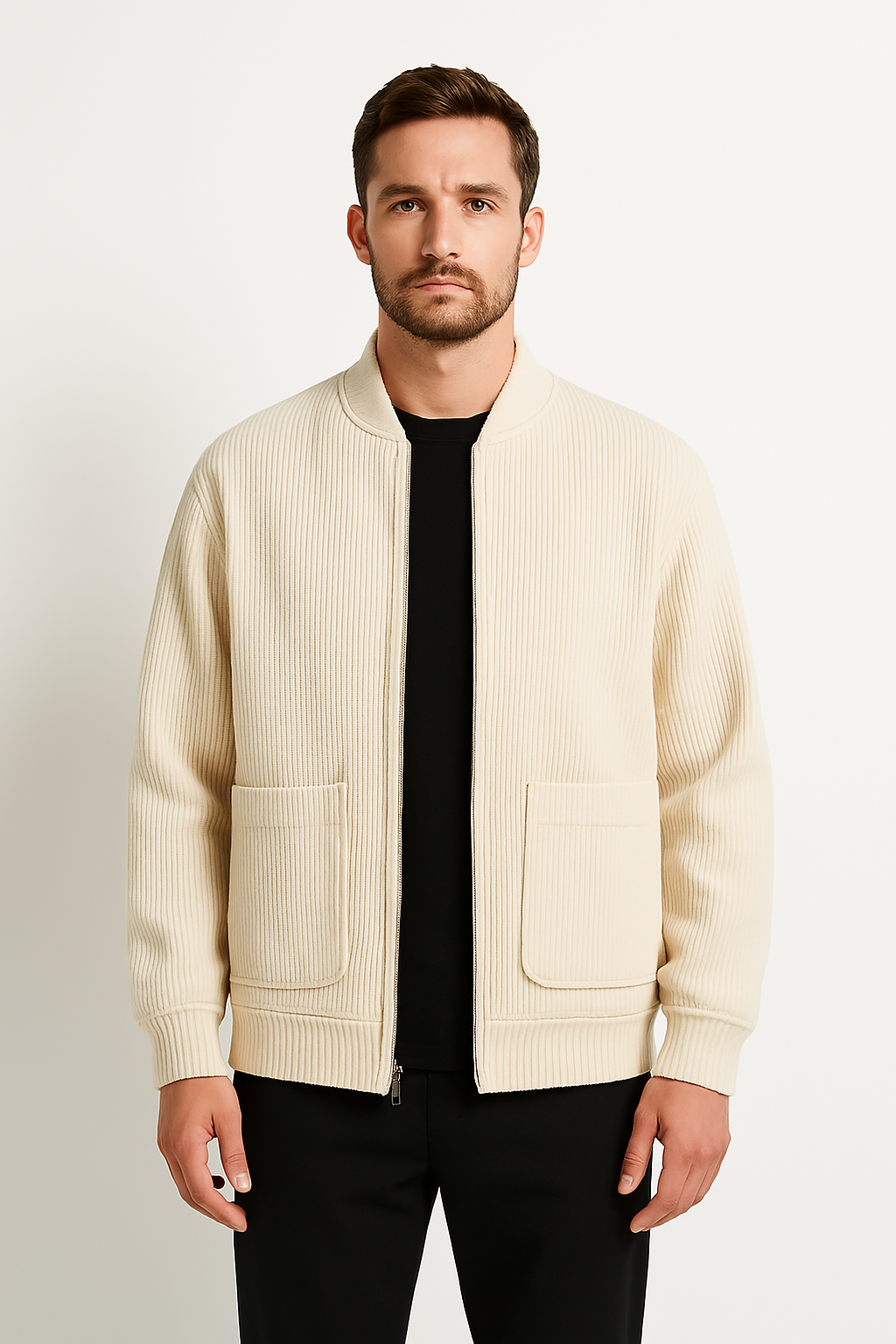 Men’s Corduroy Jacket – Relaxed Fit – V-Neck Zip Front – Ribbed Texture Casual Outerwear