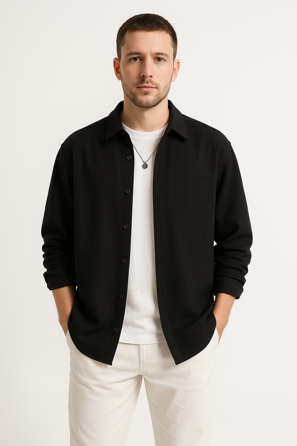 Men’s Button-Up Shirt – Waffle Knit – Oversized Fit – Long Sleeve – Casual Layer