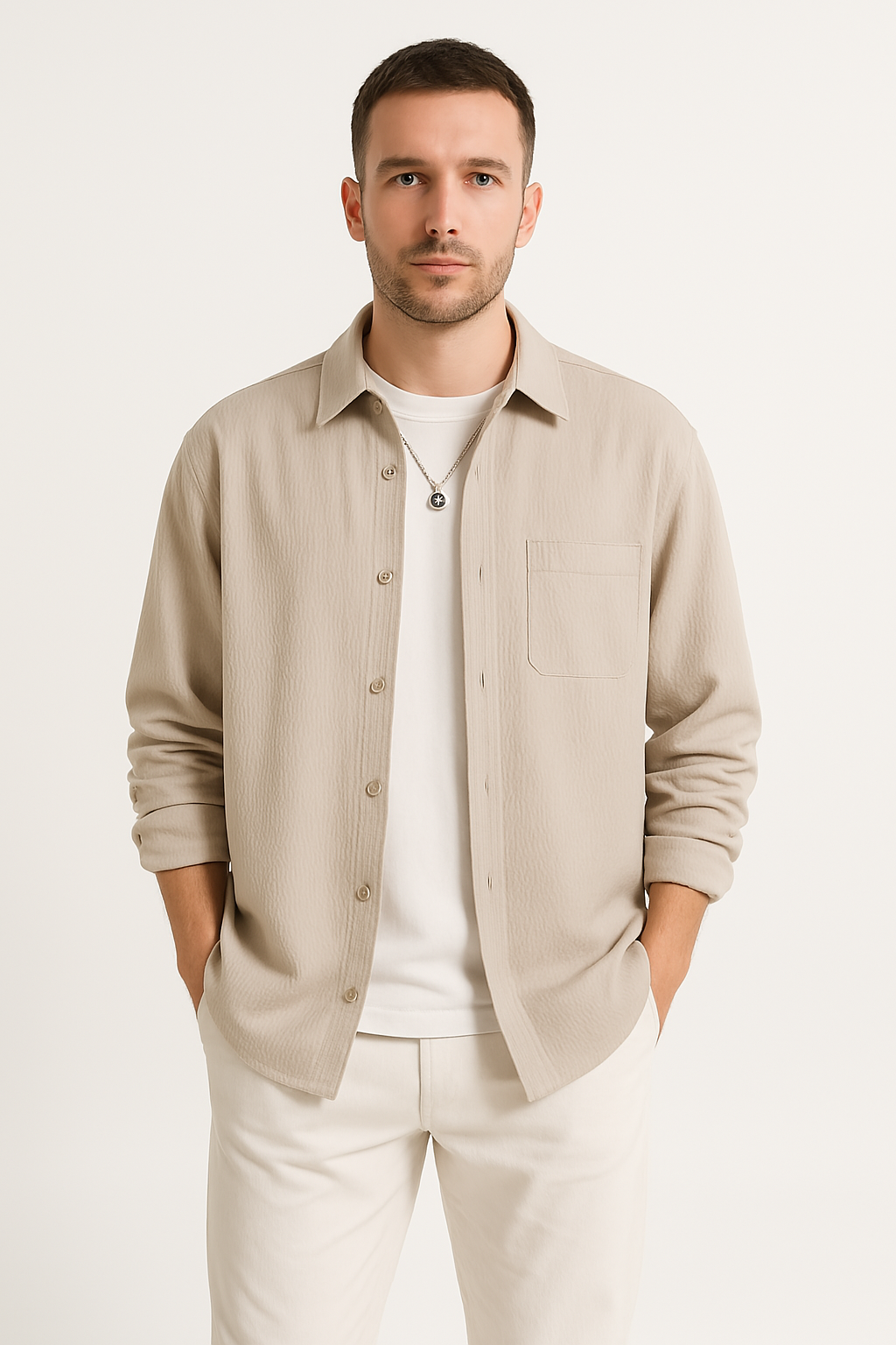 Men’s Button-Up Shirt – Waffle Knit – Oversized Fit – Long Sleeve – Casual Layer
